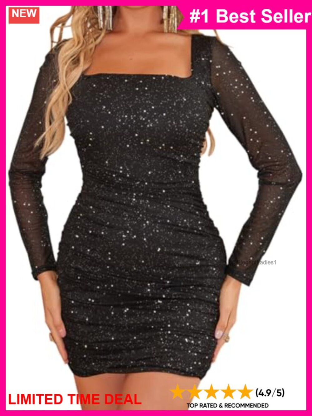 Sparkly Mesh Bodycon Mini Dress Long Sleeve Square Neck Party Club